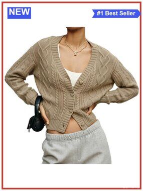 Womens Cropped Cable Knit Cardigan V Neck Button Down Y2K Sweater
